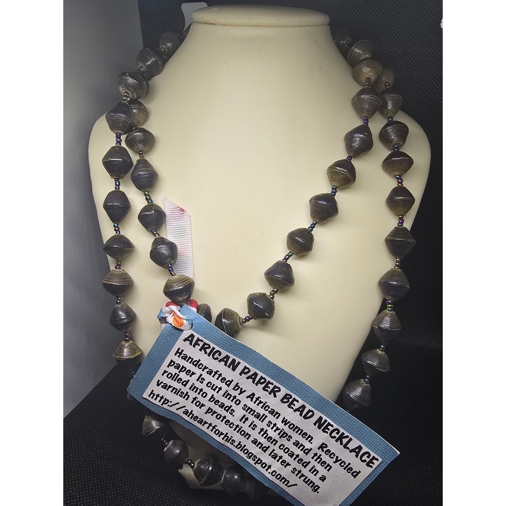 Handcrafted African Paper Bead Necklace Recycled Varnish Dark Bicone Sustainable